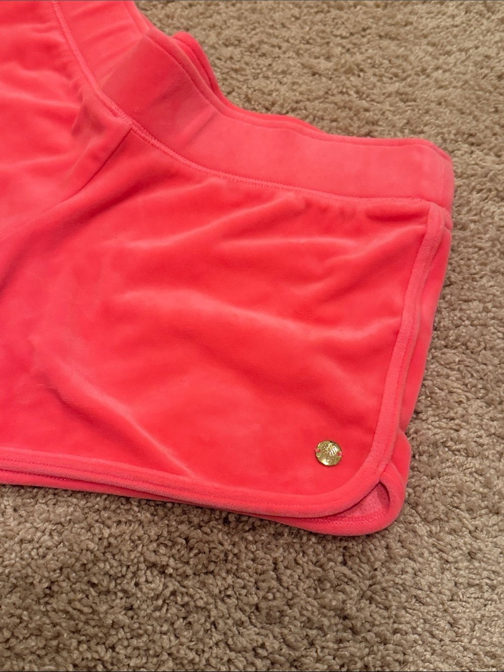 Lilly Pulitzer Coral Velour Shorts with Gold Button Accent